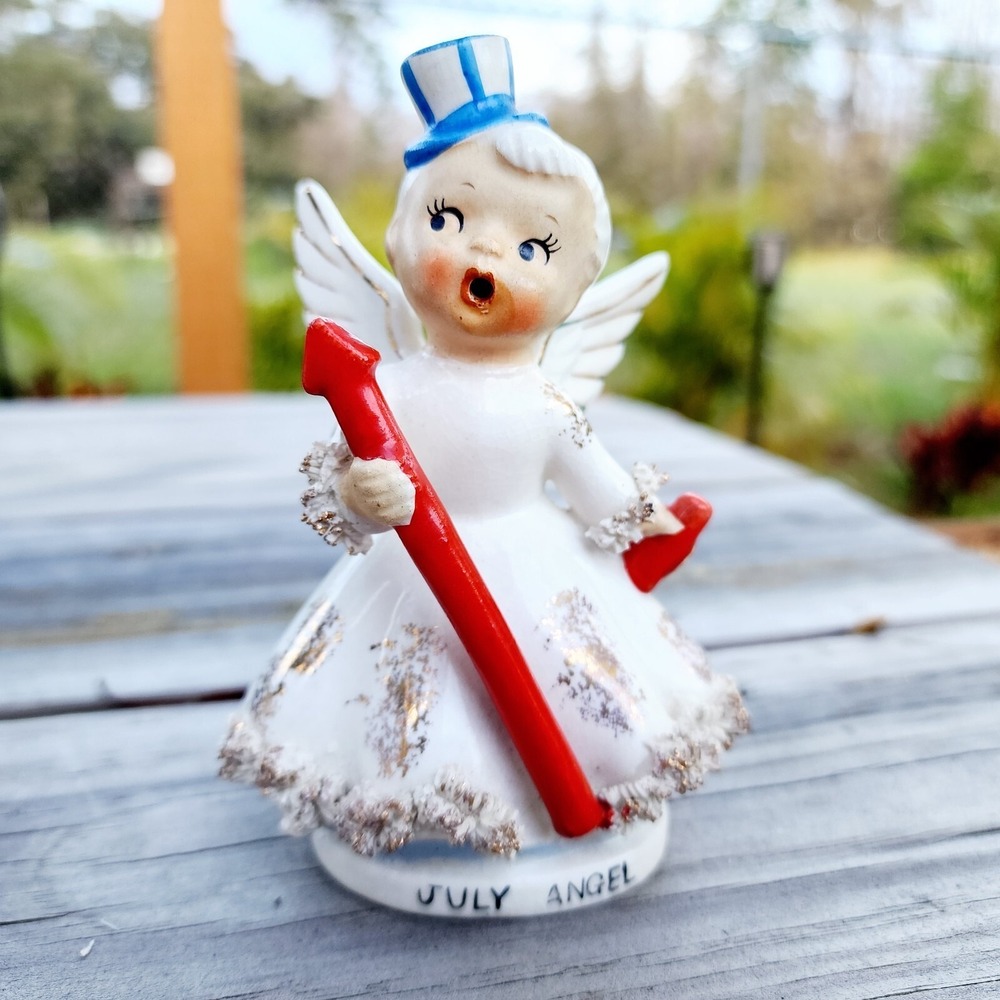VTG Norcrest Japan Porcelain July Birthday Angel Uncle Sam Hat Firecracker RARE!